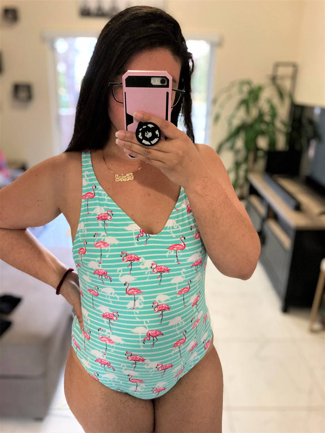 Let’s Flamingle Turquoise One-Piece Swimsuit