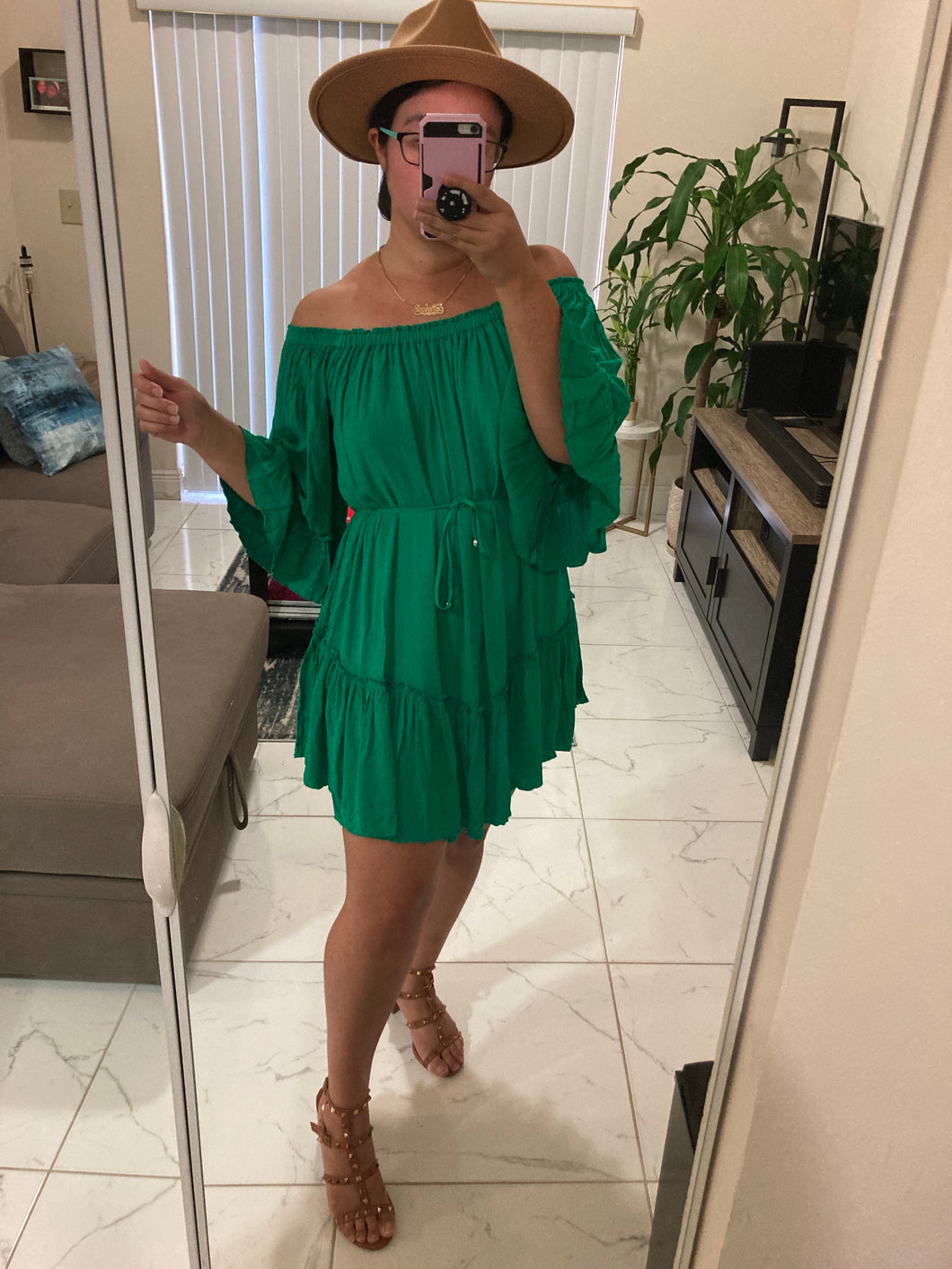 Esmeralda Off-The-Shoulder Green Ruffle Dress