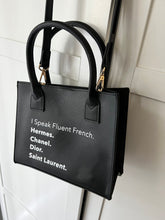 Load image into Gallery viewer, I Speak Fluent French vegan leather black mini crossbody tote bag
