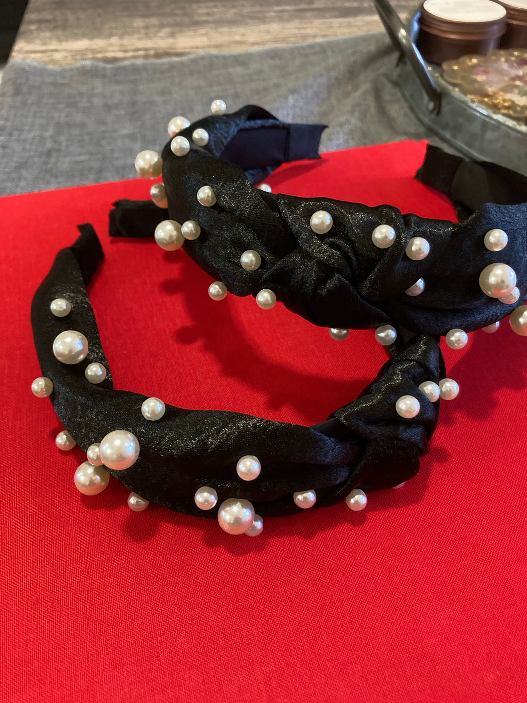Romantic Pearls Black Satin Headband