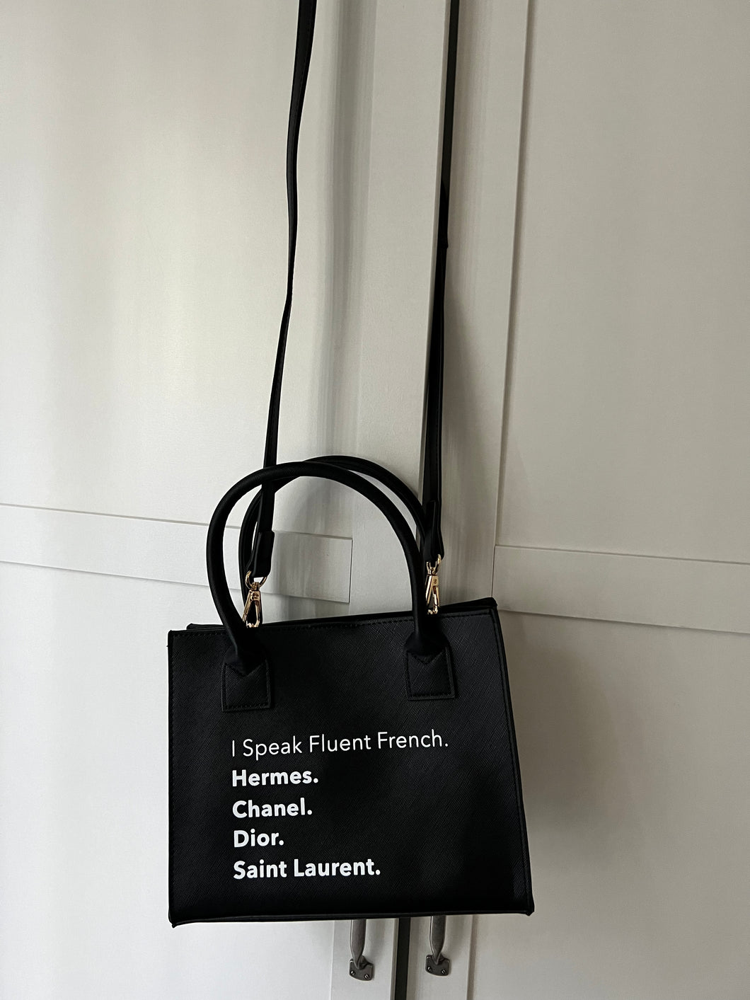 I Speak Fluent French vegan leather black mini crossbody tote bag